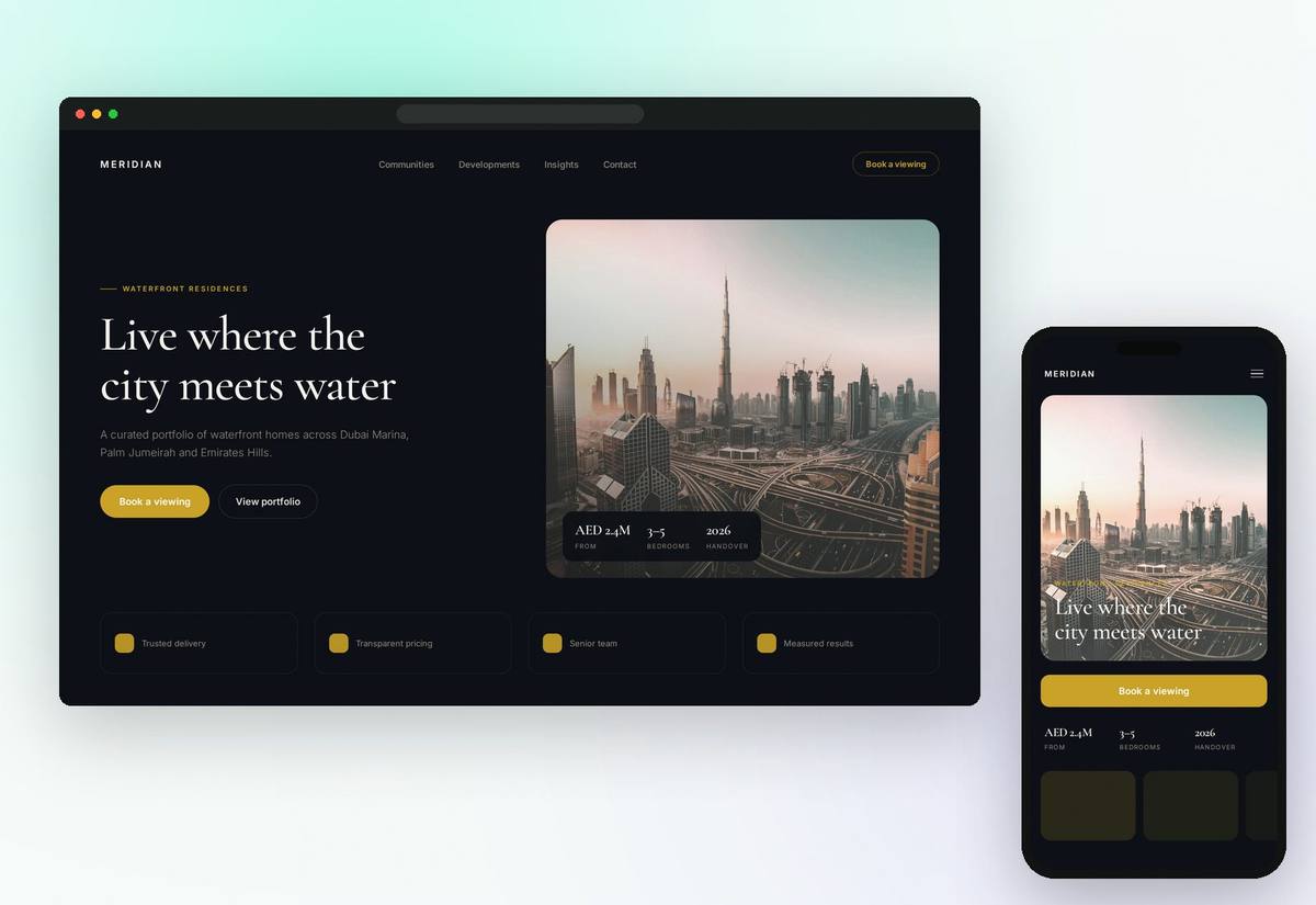 Cutting cost per qualified viewing by 46% for a Dubai brokerage — website design and growth programme for a real estate client in Dubai, UAE